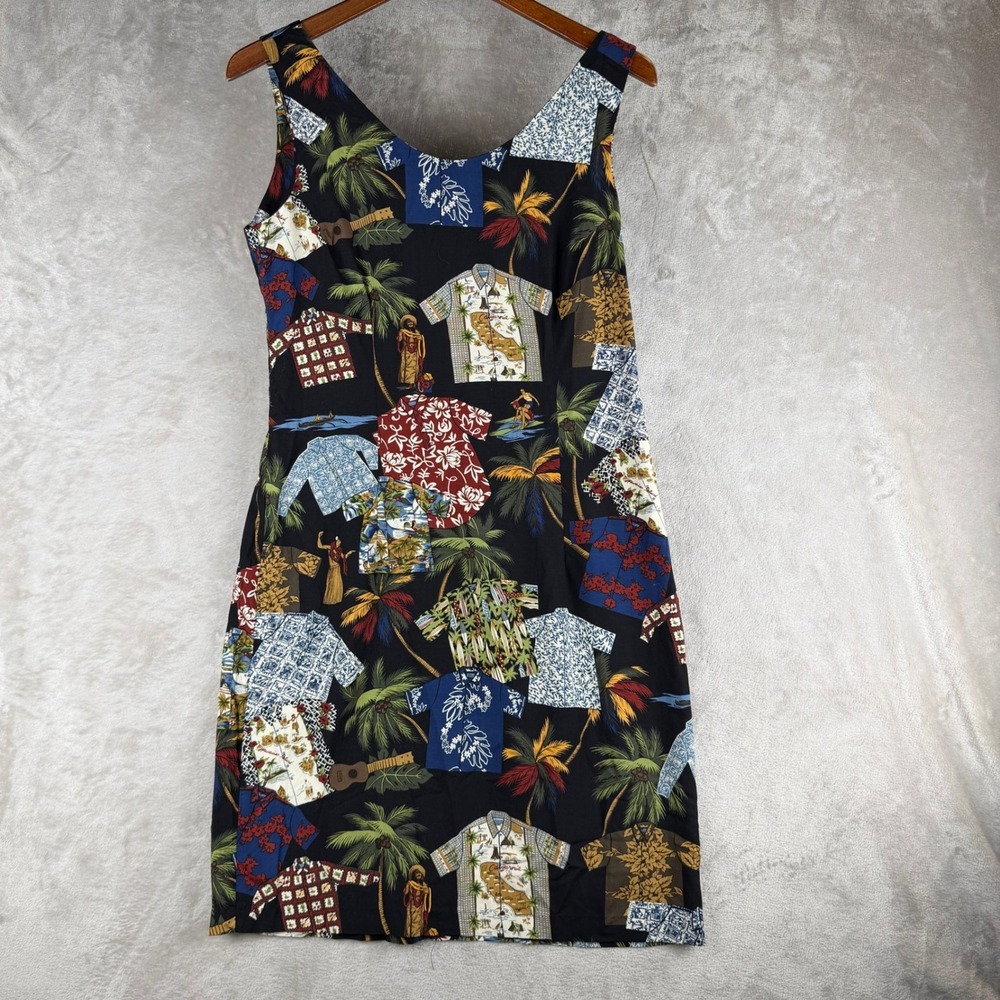 Reyn Spooner 50th Anniversary Hawaiian Aloha Shirt Print Sheath Dress Black M